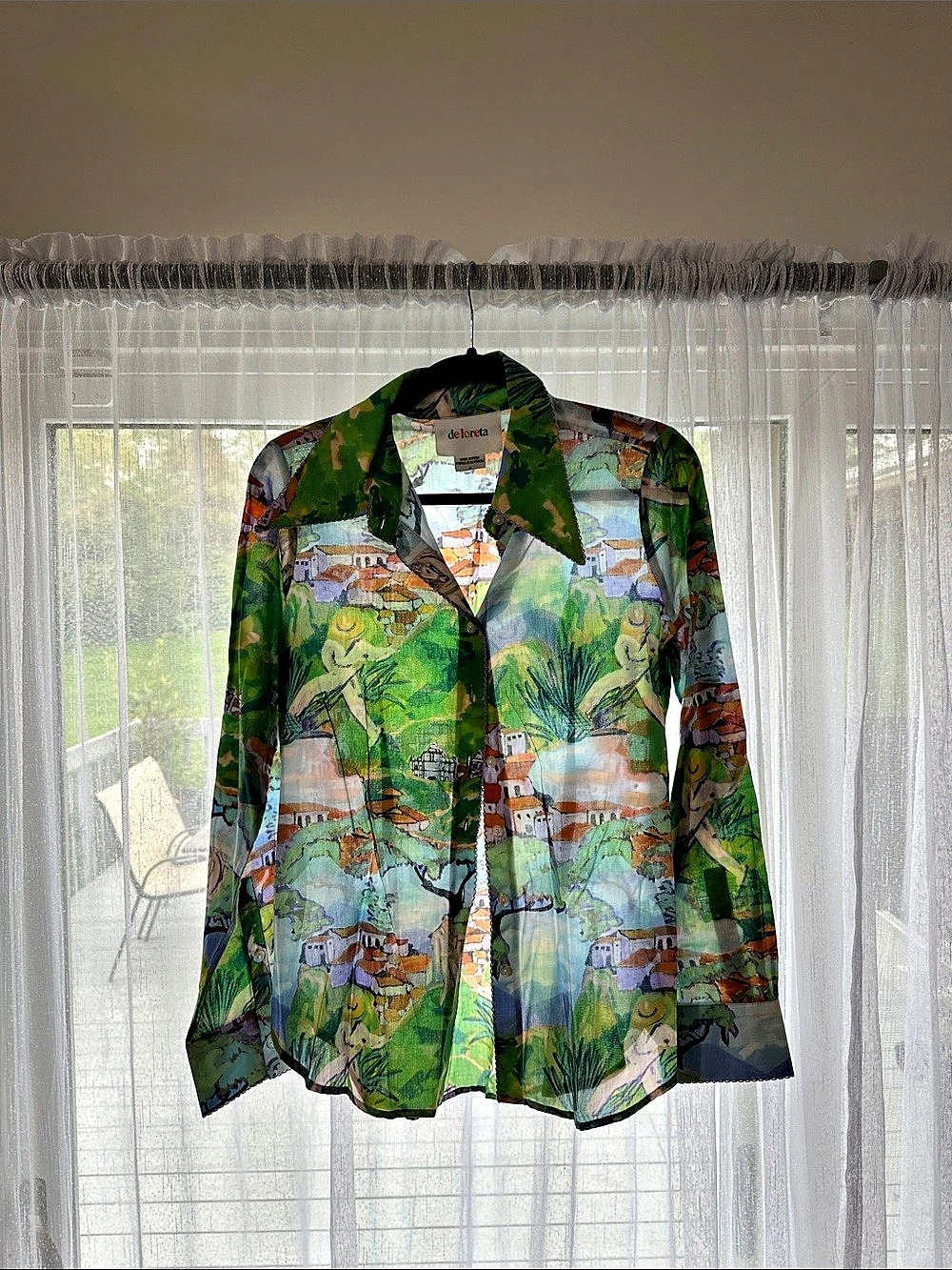 deloreta Abstract Button Down Shirt in Green & Multicolor Size Small